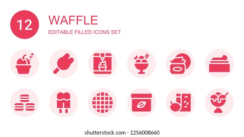 waffle icon set. Collection of 12 filled waffle icons included Ice cream, Cream, Macarons, Waffle, Breakfast