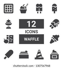 waffle icon set. Collection of 12 filled waffle icons included Cream, Cone, Ice cream, Breakfast, Waffle