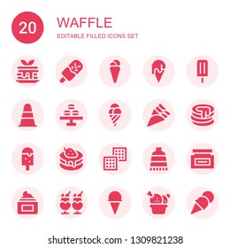 waffle icon set. Collection of 20 filled waffle icons included Pancake, Ice cream, Ice lolly, Cone, Macaron, Waffle, Cream