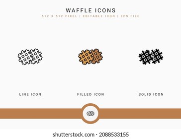 Waffle icons set vector illustration with solid icon line style. Cookie bake cake concept. Editable stroke icon on isolated background for web design, user interface, and mobile app