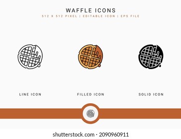 Waffle icons set vector illustration with solid icon line style. Cookie bake cake concept. Editable stroke icon on isolated background for web design, user interface, and mobile app