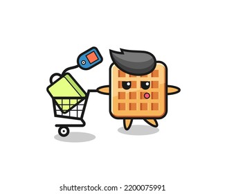 waffle illustration cartoon with a shopping cart , cute design