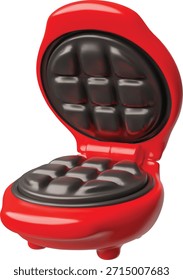 Waffle hierro 3D icono de estilo de plástico de dibujos animados. Máquina de gofres redonda roja abierta. Electrodoméstico de cocina. Vector render ilustración aislada. Utensilios de cocina de panadería