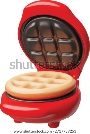 Waffle iron with dough baking 3D cartoon plastic style icon. Red round waffle maker frying. Household kitchen appliance. Vector render illustration isolated. Bakery cookware