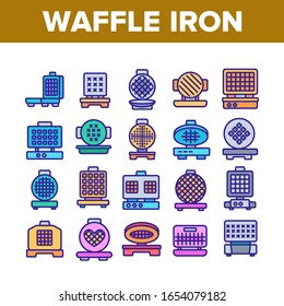 Waffle Iron Equipment Collection Icons Set Vector. Electronic Device For Bake Delicious Waffle In Round, Square And Heart Form Concept Linear Pictograms. Color Illustrations