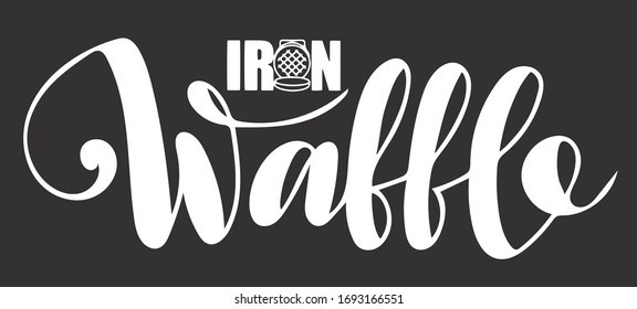 Waffle Iron hand drawn household item kitchen supply name as flat title for product packaging with illustration shape of waffle-iron. Modern calligraphy sketched vector EPS 10. Black and white