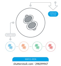 Waffle iron icon. Kitchen baking tool sign. Line circle buttons. Download arrow symbol. Vector