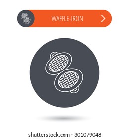 Waffle iron icon. Kitchen baking tool sign. Gray flat circle button. Orange button with arrow. Vector