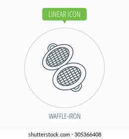 Waffle iron icon. Kitchen baking tool sign. Linear outline circle button. Vector