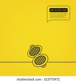 Waffle iron icon. Kitchen baking tool sign. Speech bubble of dotted line. Orange background. Vector