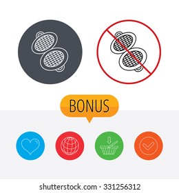 Waffle iron icon. Kitchen baking tool sign. Shopping cart, globe, heart and check bonus buttons. Ban or stop prohibition symbol.