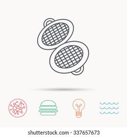 Waffle iron icon. Kitchen baking tool sign. Global connect network, ocean wave and burger icons. Lightbulb lamp symbol.