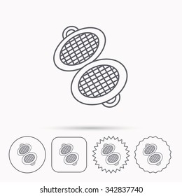 Waffle iron icon. Kitchen baking tool sign. Linear circle, square and star buttons with icons.