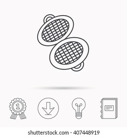 Waffle iron icon. Kitchen baking tool sign. Download arrow, lamp, learn book and award medal icons.