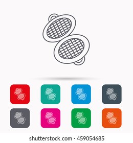 Waffle iron icon. Kitchen baking tool sign. Linear icons in squares on white background. Flat web symbols. Vector