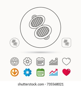 Waffle iron icon. Kitchen baking tool sign. Calendar, Graph chart and Cogwheel signs. Download and Heart love linear web icons. Vector