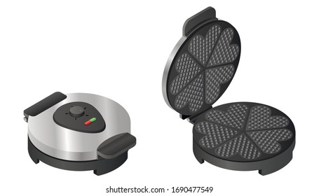 Waffle iron in isometric view. Metallic beautiful large new silver round shape for frying waffles. Vector illustration for web sites and prints in culinary magazines.