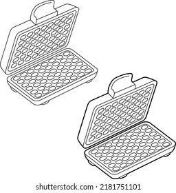 Waffle iron, a kitchen appliance for making waffles at home. Vector linear illustration isolated on white background