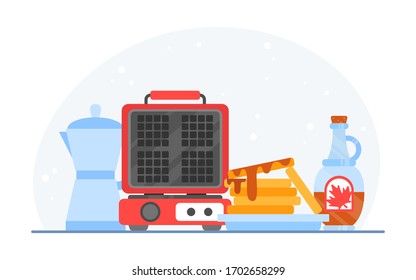 Waffle iron maker. Homemade breakfast: dessert with maple syrup, tea, juice, milk, teapot, cup. Flat vector illustration isolated on white background. Design concept for flyer, flyer, menu, poster.