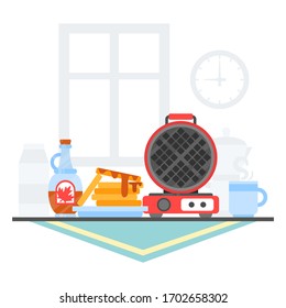 Waffle iron maker. Homemade breakfast: dessert with maple syrup, tea, juice, milk, teapot, cup. Flat vector illustration. Template with place for text. Design concept for flyer, flyer, menu, poster.