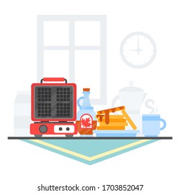 Waffle iron maker. Homemade breakfast: dessert with maple syrup, tea, juice, milk, teapot, cup. Flat vector illustration. Template with place for text. Design concept for flyer, flyer, menu, poster.
