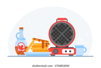 Waffle iron maker. Homemade breakfast: dessert with maple syrup, tea, juice, milk, teapot, cup. Flat vector illustration isolated on white background. Design concept for flyer, flyer, menu, poster.