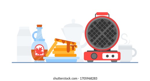 Waffle iron maker. Homemade breakfast: dessert with maple syrup, tea, juice, milk, teapot, cup. Flat vector illustration isolated on white background. Design concept for flyer, flyer, menu, poster.