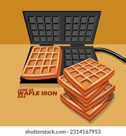 Un gofre de hierro haciendo gofres sobre una mesa y texto en negrita sobre fondo de luz marrón para celebrar el Día Nacional del Hierro Waffle el 29 de junio