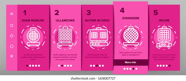 Waffle Iron Onboarding Icons Set Vector. Electronic Device For Bake Delicious Waffle In Round, Square And Heart Form Illustrations