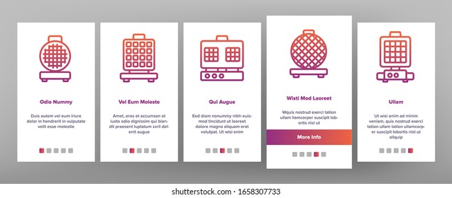 Waffle Iron Onboarding Icons Set Vector. Electronic Device For Bake Delicious Waffle In Round, Square And Heart Form Illustrations