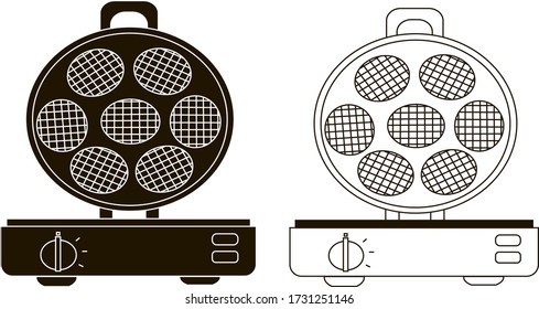  Waffle iron vector illustration. Set of several items. Icon on a white background.