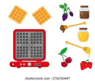 Waffle iron with waffles and ingredients for serving and decorating. Set vector illustration on white background.