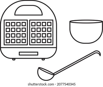 Waffle iron witn utensils vector illustration set