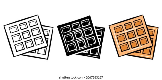 Waffle isolated icon set. Vector sweets illustration. Logo bakery design element. Menu graphic sugar food. Cartoon, flat doodle drawing outline sketch style. Monochrome emblem print. Simple breakfast 