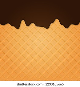 Waffle with liquid glaze. Vector background with waffle texture and chocolate cream border.