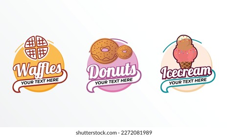 Diseño del logotipo de Waffle, diseño del logotipo de los donuts, diseño del logotipo de los helados, confeccionador, gofre y donuts dulces, ilustración vectorial de la plantilla del logotipo