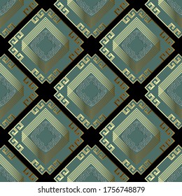 Waffle luxury 3d greek vector seamless pattern. Ornamental rhombus background. Repeat ornate tribal ethnic style backdrop. Beautiful greek key meanders ornament with gold outlines, line art frames.