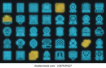 Waffle maker icons set outline vector. Baking pancake. Appliance cook vector neon