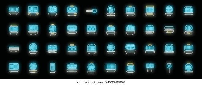 Iconos de creador de gofres establecen el Vector de contorno. Horneado de panqueques. Cocinar el desayuno de color neón en negro