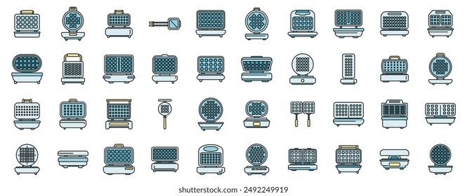 Iconos de creador de gofres establecen el Vector de contorno. Horneado de panqueques. Cocinar el desayuno de línea fina de color plana en blanco