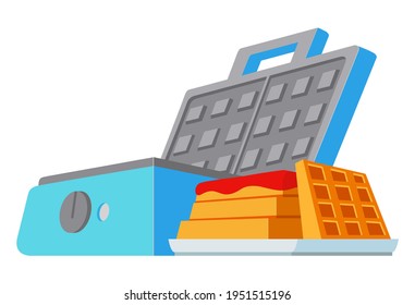 Waffle maker machine.Waffles being baked.Blue waffle iron.Preparing of  waffles.Waffles with fruit topping.
