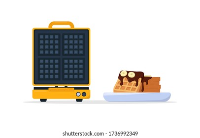 Waffle y plato de gofres belgas con trozos de chocolate y bananas