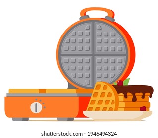 Waffle maker.Electric waffle iron.Wafer with chocolate topping.Waffles on a plate with cherry.Sweet pastries.Isolated on white background.Vector realistic illustration.