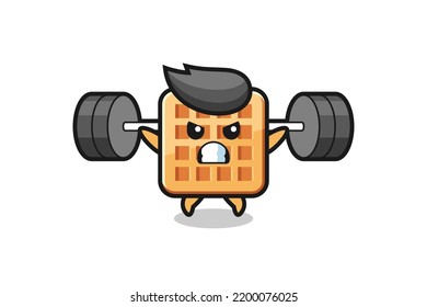 waffle mascot cartoon with a barbell , cute design