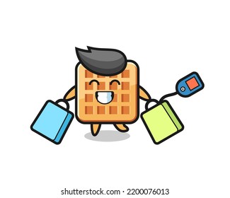 waffle mascot cartoon holding a shopping bag , cute design