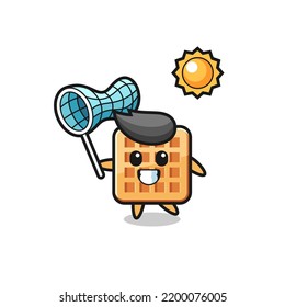 waffle mascot illustration is catching butterfly , cute design