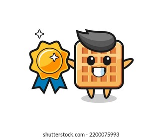 waffle mascot illustration holding a golden badge , cute design