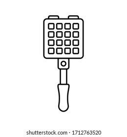 Waffelform mit langem Griff. Lineare Ikone aus Gusseisen oder Aluminium für die Herstellung von quadratischem Waffel auf Ofen. Schwarze Illustration von Küchengeräten. Contour einzeln auf weißem Hintergrund