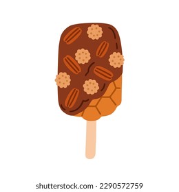 Waffle on stick. Sweet sugar dessert glazed with chocolate frosting, nuts, walnuts decoration. Yummy tasty delicious choco food. Flat vector illustration isolated on white background