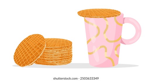 Waffle on top of the mug. Stroopwafel. Traditional dutch dessert with caramel topping. Vector isolated hand drawn illustration of traditional holland waffle for menu designs, prints, stickers